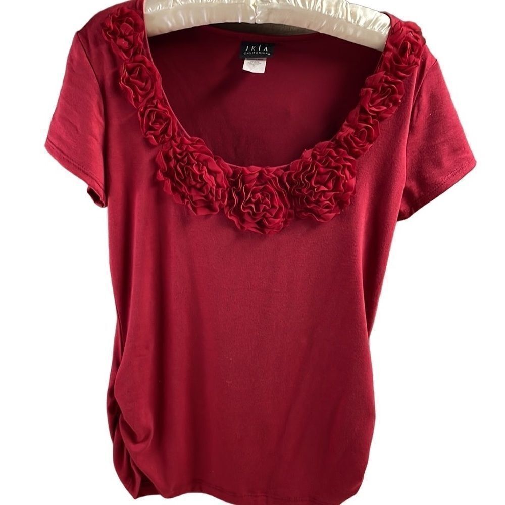 JKLA California Ladies Scoop Neck Ruffled Flower Neckline, Size M, Red